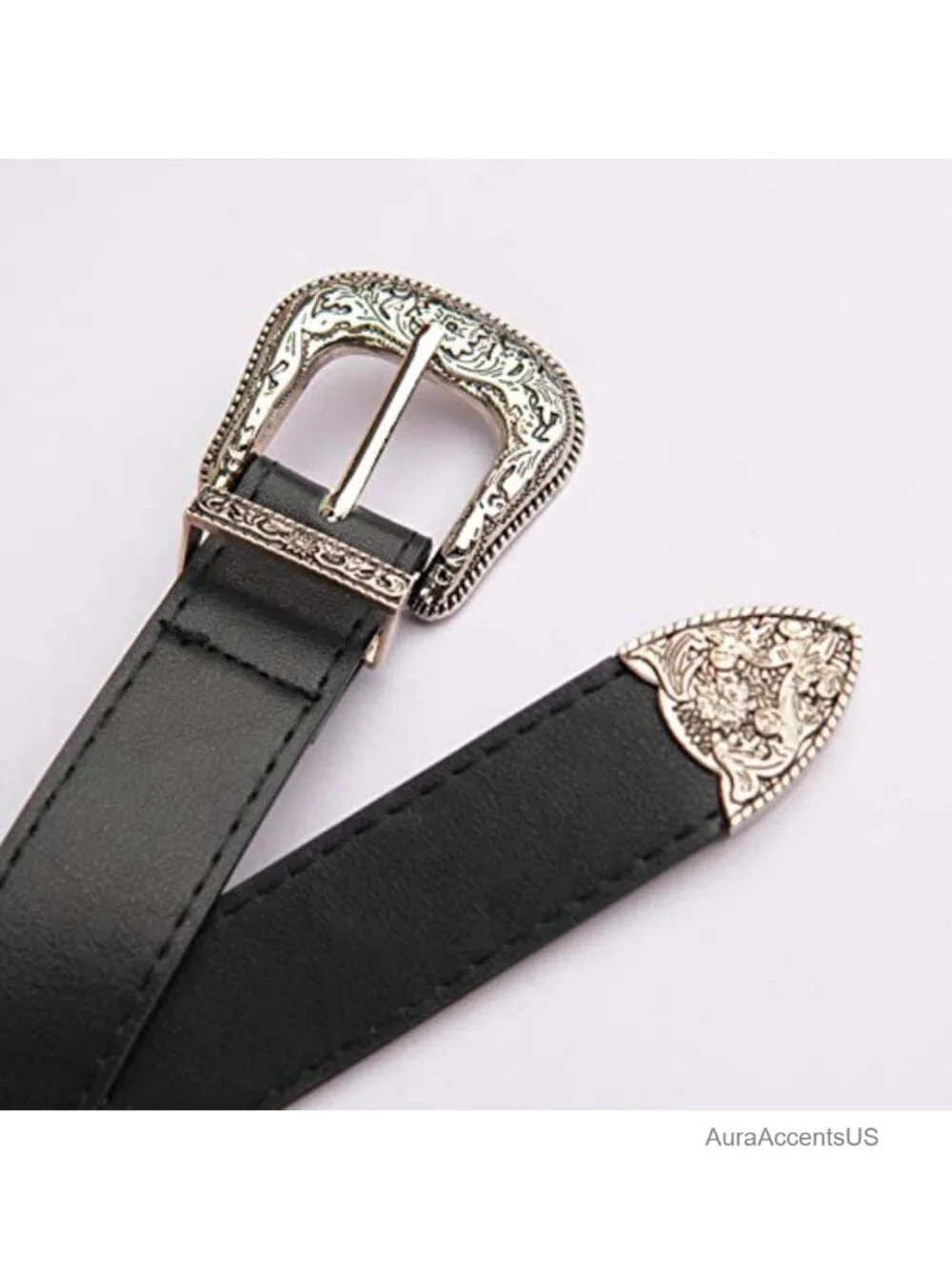 Vintage Faux Leather Belt with Floral Metal Buckle